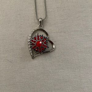 Ginger Snap Silver Rhinestone Heart Necklace with Red Snap
